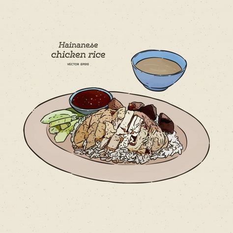 Chicken Rice Illustration, Rice With Sauce, Food Doodle, Hainanese Chicken Rice, Chicken Drawing, Chicken Illustration, Chicken Logo, Chicken Rice Recipes, Hainanese Chicken