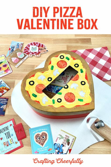 Create a fun and silly pizza valentine box to collect and hold your valentines! Use paint and follow along with the step-by-step paint tutorial to decorate the lid of heart-shaped box! Heart Valentines Box For Kids, Pizza Valentine Box Ideas, Heart Shaped Valentine Boxes, Food Valentine Box Ideas, Heart Valentine Box Ideas, Valentine Day Box Ideas, Donut Valentine Box Ideas, Diy Valentine’s Day Box For Kids, Valentine Box Ideas For School Simple