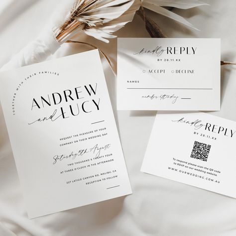 Wedding Invitation QR Code Rsvp Minimalist Wedding Invite - Etsy Wedding Invitations With Rsvp, Wedding Invite Suite, Non Traditional Wedding Ring, Design Invitation, Wedding Invitation Inspiration, Carton Invitation, Minimalist Wedding Invitations, Invitation Inspiration, Simple Wedding Invitations