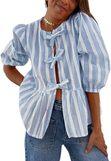 Bowknot Blouse, 2 Piece Short Set, Loose Fit Blouse, Women Tie, Casual Summer Shirts, Elastic Waist Shorts, Summer Fabrics, Striped Fabrics, Color Stripes