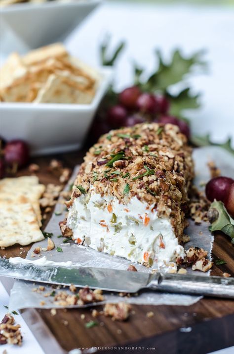 This Olive Pecan Cheese Ball is full of flavor and so easy to make for a fall gathering. #appetizer #fallrecipes #cheeseball #olive #andersonandgrant Pecan Cheese Ball, Fall Finger Foods, Cream Cheese Ball, Pesto Cheese, Recipes For Fall, Easy To Make Appetizers, Delicious Appetizer Recipes, Fall Gathering, Cheese Ball Recipes