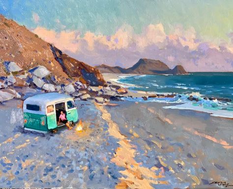 Camping Scene Painting, Seaside Drawing, Caravan Painting, Caravan Paint, Volkswagon Bus, Paint Rv, Vans Painted, Rv Campsite, Sea Drawing