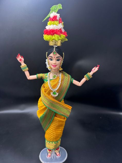 Cute Indian folk dance karagaattam doll.. Add this to your beautiful collection if Indian dance dolls... -> Draped in beautiful yellow saree with green border -> Dress and Jewellery are permanently attached -> Colourful karagam with parrot  -> Long hair tied at the back Indian Folk Dance, Navaratri Golu, Dress Designs For Stitching, Doll Making Tutorials, Clear Healthy Skin, Beautiful Kittens, Indian Dolls, Green Border, Yellow Saree