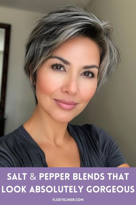 Check out our collection of salt and pepper looks that are absolutely gorgeous! Whether you prefer a short mom cut with an elegant all-over silver or bold contrasting streaks on long hair, click to see 45 pretty ways to wear your grays. Follow us for more ideas! Short Grey Hair Highlights, Silver Highlights On Dark Hair Short, Salt Pepper Hair Short, Dark Hair Turning Grey, Short Dark Hair With Silver Highlights, Adding Low Lights To Grey Hair, Silvery Blonde Highlights, Short Hair Silver Highlights, Brunette Hair With Grey Highlights