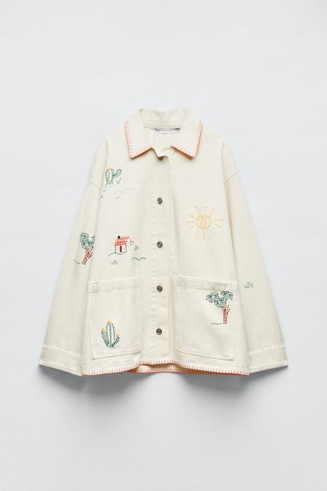 EMBROIDERED COTTON OVERSHIRT - Ecru | ZARA Angola Denim Retro, Denim Cargo Pants, Pola Sulam, 자수 디자인, Shirt Embroidery, Embroidered Clothes, Embroidery Fashion, Lace Up Sandals, Embroidered Jacket