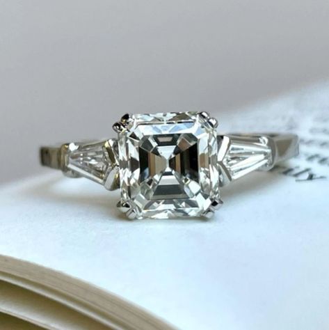 Three Stone Asscher Cut Moissanite Engagement Ring, Vintage Double Claw Prong Trilogy Wedding Ring, three stone ring, trilogy ring, past present future diamond ring, asscher cut ring, asscher moissanite ring, tapered baguette ring, sterling silver ring, 14k white gold ring, 925 sterling silver ring, vintage diamond ring, vintage style ring, engagement ring, anniversary ring, anniversary gift, vintage wedding ring, unique wedding ring, wedding ring women, womens wedding ring Asscher Diamond Engagement Ring, Side Stone Ring, Diamond Art Deco Ring, Asscher Cut Engagement Rings, Asscher Diamond, Gold Promise Rings, Asscher Cut Diamond, Art Deco Diamond Rings, Engagement Ring Diamond Cut