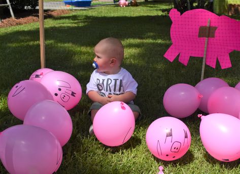 Farm party, farm animals, pig round up game with balloons and fly swatters Farm Vbs, Western Vbs, Pig Balloon, Fly Swatters, Outdoor Play Space, Balloon Games, Party Crafts, Farm Birthday Party, Pig Party