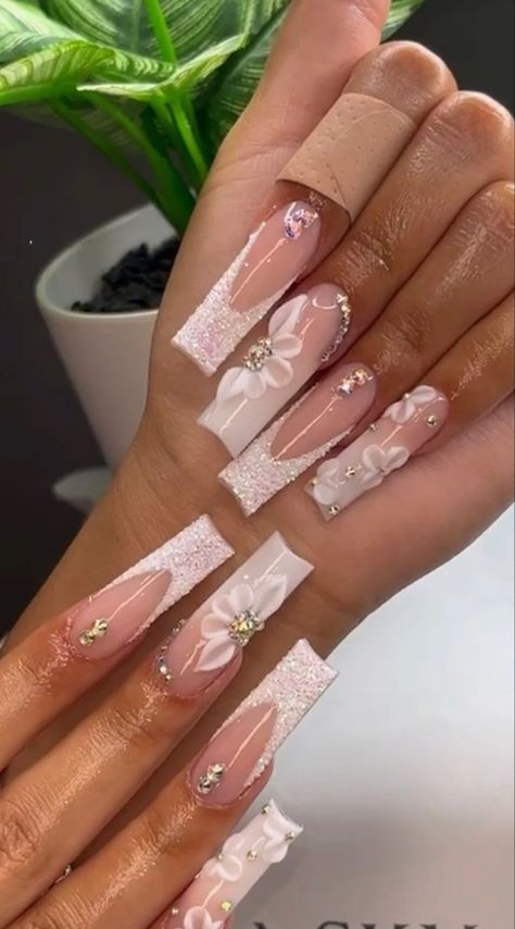 Sparkly white nails | acrylic nails | long acrylic nails | short acrylic nails | French nails Bday Nails Ideas Medium Length, Medium Square Acrylic Nails Sparkle, Short Acrylic Nails Graduation, White Nail Set Ideas, Graduation Nails Acrylic Square, Graduation Nails White, Graduation Nails Acrylic Short, White Graduation Nails Acrylic, Pink Graduation Nails