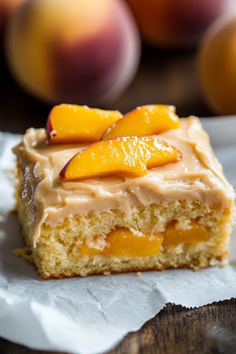 Peach Cake With Brown Sugar Frosting Peach Sheet Cake, Brown Sugar Peach Cake, Recipes With Brown Sugar, Peach Cake Recipes, Peach Jello, Brown Sugar Peaches, Brown Sugar Frosting, Brown Sugar Recipes, Sugar Frosting