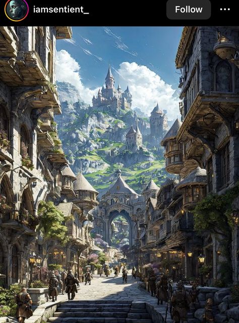 Lakeside Town Fantasy Art, Dnd Kingdom Art, Fantasy World Building Art, Fantasy World City, Dnd City Art, Fae City, Fantasy City Aesthetic, Fantasy City Concept Art, Fantasy Mine