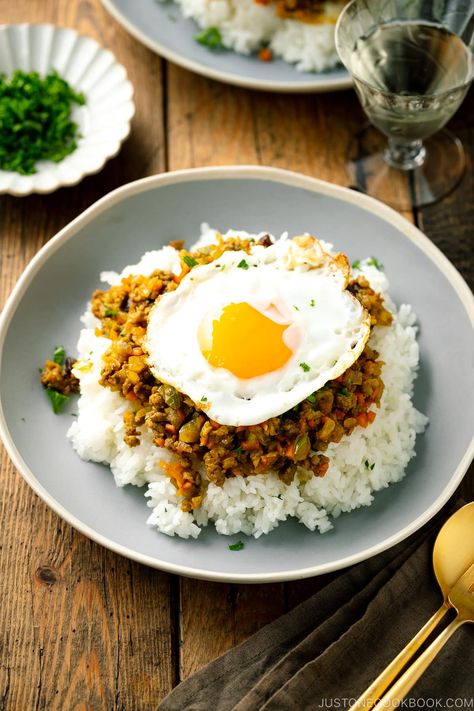 Dry Curry is a gravy-less Japanese curry made with ground meat and minced vegetables and often served with a fried egg or sliced boiled egg. This home-style curry is flavorful, gently spicy, and savory with a hint of slight sweetness. Although it's not a well-known dish outside of Japan, this quick and easy curry dish is a staple in Japanese households. #drycurry #japanesecurry | Easy Japanese Recipes at JustOneCookbook.com Dry Curry, Curry Seasoning, Just One Cookbook, Easy Japanese Recipes, Easy Curry, Japanese Curry, Curry Rice, Pork Cutlets, Japanese Recipes