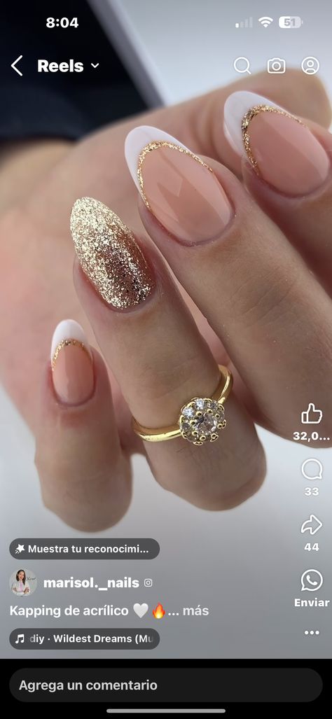 Gel Nails New Years Eve, White Nail With Gold French Tip, Golden Nail Art Design, Gold And Nude Nail Designs, Gold Formal Nails, French Nails With Gold Line, New Years French Tip Nails, Gold And Pearl Nails, Nails With Mehendi