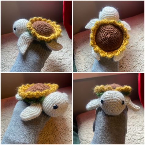 This project was inspired by the flower turtle tutorial by Rose and Lily crochet. The turtle was made using a 3.5mm hook, the petals used a 3mm hook and the leaves used a 2.5mm hook.  
#crochet #amigurumi Crochet Sunflower Turtle Pattern Free, Crochet Flower Petals, Crochet Sunflower Turtle, Amigurumi Sunflower, Sunflower Turtle, Small Turtle, Hook Crochet, Small Turtles, Crochet Sunflower