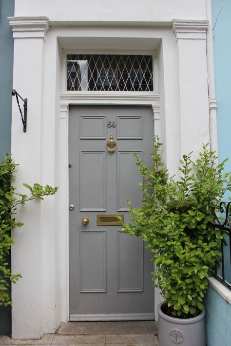 Grey painted front door in London. Hello Lovely Studio. Come tour these gorgeous front doors in Notting Hill and Holland Park...certainly lovely indeed. Curb appeal and Paint Color Inspiration. Lovely London Doors & Paint Color Ideas! Colors For Front Doors, Dark Grey Front Door, London Doors, Grey Front Door, Orange Front Doors, Grey Front Doors, Dark Grey Paint, Side Entrance, Black Paint Color