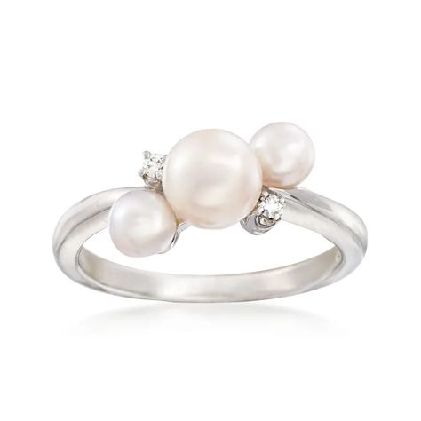 Mikimoto "Bubbles" 4-6mm A+ Akoya Pearl Ring with Diamond Accents in 18kt White Gold | Ross-Simons Akoya Pearl Ring, Pearl Birthstone, Pearl Jewelry Design, Fine Jewelery, Precious Gemstones Jewelry, Pearl And Diamond Ring, Best Engagement Rings, Jewels Rings, Rings Rings