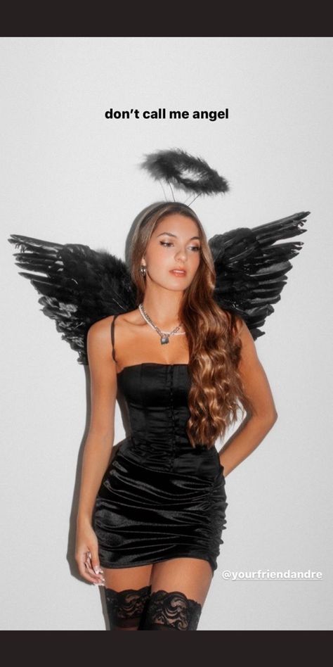 Lexi Rivera Halloween Costumes, Dark Angel Hairstyle, Angel Devil Costume Couple, Dark Angel Costume Makeup, Black Devil Halloween Costume, Devil Costume Ideas, Angel Devil Costume, Black Angel Halloween Costume, Dark Angel Halloween Costume