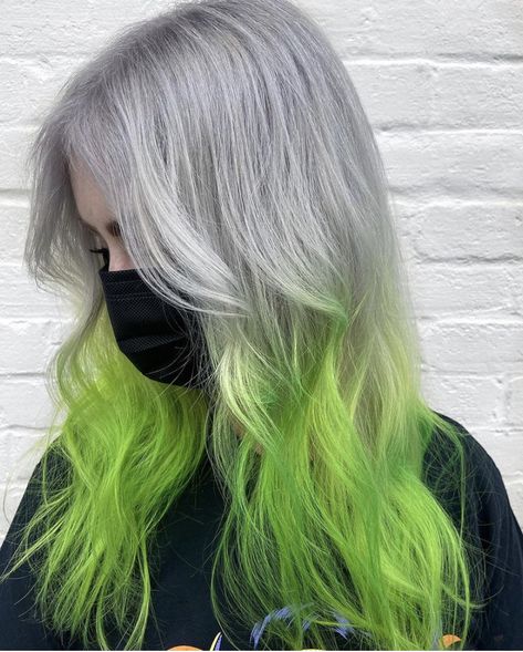 Blonde To Green Hair, Blonde Hair With Green Tips, White And Green Hair, Bleach Blonde Bob, Two Color Hair, Fantasy Hair Color, Green Hair Dye, Blonde Hair With Bangs, Polished Hair