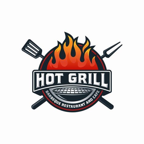 Grill Logo Design, Barbecue Logo, Retro Bbq, Fire Icon, Grill Logo, Grill Food, Restaurant Icon, Fire Icons, Food And Restaurant