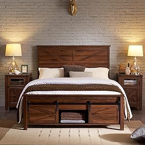 Master Bedrooms Decor Farmhouse Rustic, Farmhouse King Bed, Store Sheets, Beds With Headboards, Wood Bed Frame Queen, Barn Door Storage, Wooden Furniture Bedroom, Farmhouse Bed Frame, Barn Door Cabinet