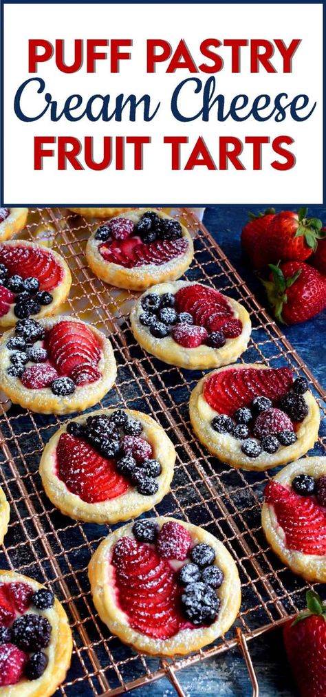 Puff Pastry Cream Cheese Fruit Tarts - Lord Byron's Kitchen Cream Cheese Tarts, Strawberry Torte, Puff Pastry Cream, Patisserie Desserts, Food Pastries, Puff Pastry Recipes Dessert, Puff Dessert, Pastry Puff, Puff Pastry Cream Puffs