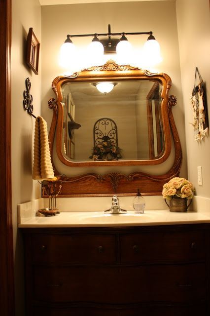 Love this dresser mirror as washroom mirror from Desires of the Heart Vintage Decorating Ideas, Vintage Decorating, Shabby Chic Dresser, Shabby Chic Bathroom, Dresser Mirror, Old Dressers, Chic Bathrooms, Bathroom Redo, Bathroom Designs