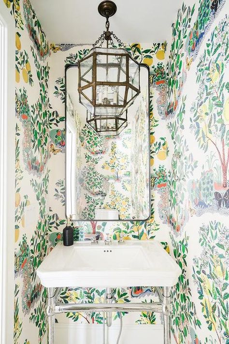 Grey And Gold Wallpaper, Transitional Powder Room, Wallpaper Powder Room, Powder Room Wallpaper, Schumacher Wallpaper, Cole And Son Wallpaper, Powder Room Design, Room Goals, Powder Bath