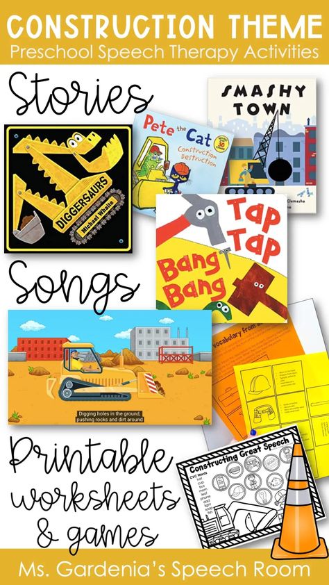 Use a construction theme for preschoolers to target multiple areas of language. Get free lesson plans here... Construction Activities Preschool, Construction Theme Preschool, Rhymes For Toddlers, Theme For Preschool, Preschool Construction, Speech Therapy Activities Preschool, Preschool Speech Therapy, Toddler Lessons, Language Delay