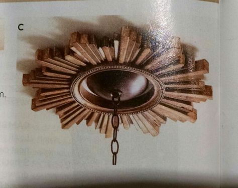 Wood ceiling medallion Ceiling Medallions Diy, Wood Lantern Decor, Geometric Headboard, Rose Gold Painting, 20s Style, Starburst Mirror, Orb Chandelier, Ceiling Art, Colored Ceiling