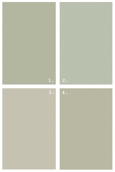 grey greens . benjamin Moore . 1 Croquet, 2 Aganthus Green, 3 Paris Rain, 4 Tree Moss Grey Green Benjamin Moore, Aganthus Green, Green Benjamin Moore, Moss Paint, Interior Paint Colors Schemes, Kitchen Colour, House Colours, French Green, Gray Paint