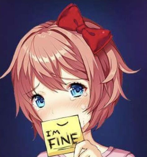 NOO MAH BEHBEH WHO MADE YOU SAD I WILL BREAK THEIR FEMUR TWICE SO IT'S ALL SPILY AT THE END THE BEAT THEM WITH OT AND FEED THEM THEIR OWN EYEBALLS ON A SPAM SANDWICH Ddlc Sayori, Sayori Ddlc, Doki Doki Literature Club, I'm Fine, Doki Doki, Literature Club, An Anime, Literature, Hair