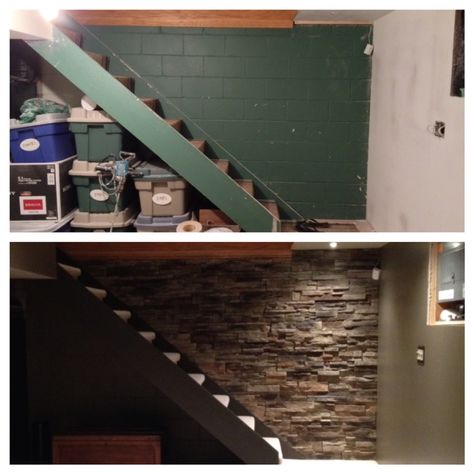 Basement stairs. Before and after. Ugly painted cinder block to beautiful faux stone veneer on the wall defending to the basement. Cinder Block Basement Ideas, Cinder Block House Remodel, Old Basement Stairs Remodel, Cinderblock Basement Walls, Paint Cinder Block Wall In Basement, Interior Cinder Block Wall Makeover, Cinder Block Basement Makeover, Painted Cinder Block Walls In Basement, Cinder Block Wall Makeover