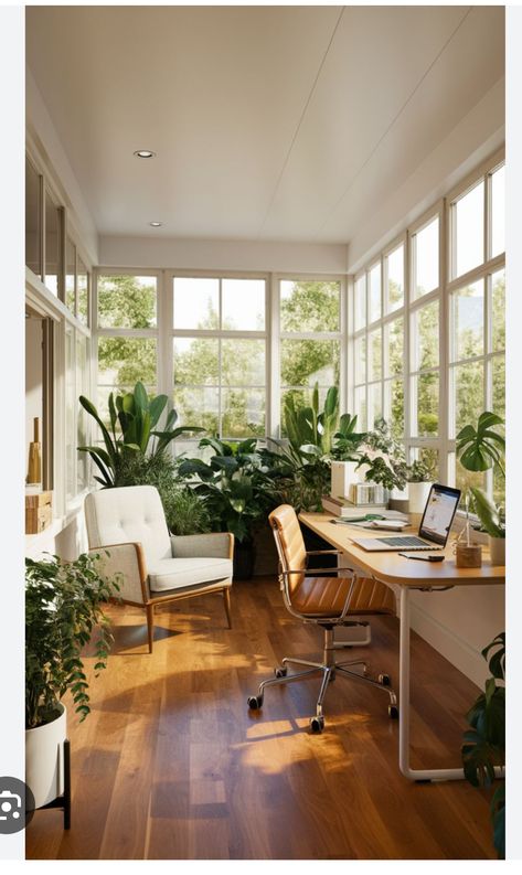 Sunroom Desk Ideas, Add On Office To House, Conservatory Home Office, Sunroom Office Ideas Layout, California Casual Home Office, Home Office Natural Light, Light And Bright Home Office, Nature Office Aesthetic, Office With Large Windows