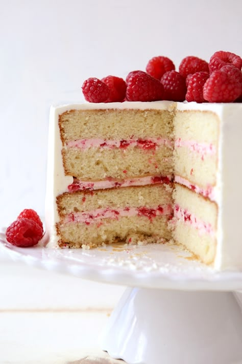 Raspberry White Chocolate Layer Cake - Completely Delicious Raspberry Layer Cake, Chocolate Raspberry Cake Recipe, White Chocolate Raspberry Cake, Raspberry Cake Recipes, Layer Cake Filling, Raspberry White Chocolate, Cake Filling Recipes, Cake Filling, White Chocolate Cake