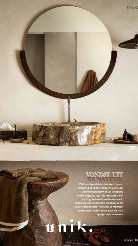 Petrified Wood Furniture, Wood Countertop Bathroom, Dutch Magazine, Petrified Wood Sink, Wood Sink, Summer Lounge, Interior Products, Natural Interior, Wood Counter