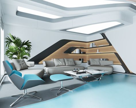 ANOTHER ONE INTERIOR on Behance Futuristic Home Interior, Futuristic Home Design, Futuristic Office, Futuristic Interior Design, Home Office Shelves, Custom Kitchens Design, Futuristic Home, Futuristic Interior, Office Interior