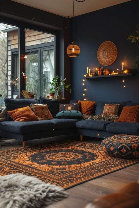 Boho Living Room For Men, Navy Blue Bohemian Living Room, Dark Living Room Walls, Dark Cozy Living Room, Bedroom Alt, Rgb Aesthetic, Vintage Boho Living Room, Gothic Living Room Ideas, Dark Boho Living Room