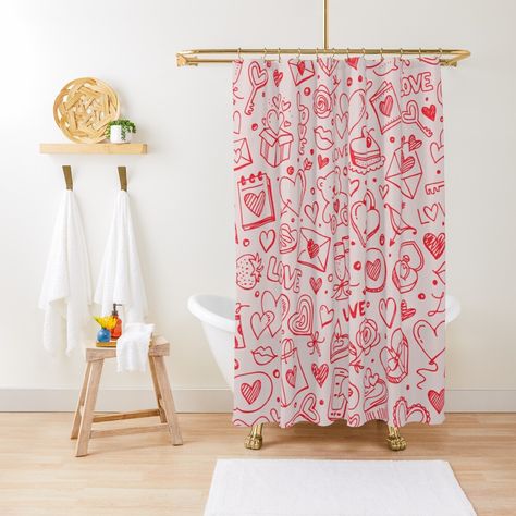 "Valentine's day hand drawing valentine doodles" Shower Curtain by mashmosh | Redbubble Valentine Doodles, Japanese Shower, Barbie Bathroom, Bird Curtains, Bird Shower Curtain, Vintage Bathroom Decor, Boho Birds, Leaf Curtains, Pink Heart Pattern