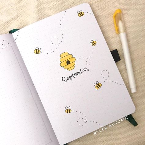 Rylee Autumn on Instagram: "September is just around the corner! Here’s a little bee theme that I used in a recent custom bujo :) I’ll be revealing my own September theme on YouTube tomorrow at noon CST… see you there! - - - - #bulletjournal #bujo #bujoinspiration #bulletjournaling #bulletjournaling #bulletjournalideas #bulletjournals #bulletjournalist #bulletjournaljunkies #bulletjournalcommunity #bulletjournallove #bulletjournalinspiration #bujoinspiration #bujocoverpage #bujoideas #bujolove Bee Bujo, Autumn Bullet Journal, Journal April, September Themes, Bullet Journal Ideas Templates, Creating A Bullet Journal, Bullet Journal Cover Page, Bullet Journal Paper, Bullet Journal Tracker