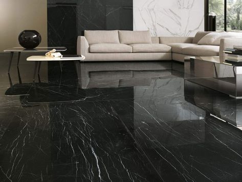 Polished Marble - Italian Tile & Stone Dublin Marble Flooring Design Modern, Black Tiles Bedroom, Black Tiles Floor Living Room, Marble Floor Living Room, Black Marble Floor, Italian Marble Flooring, Flooring Types, Marble Flooring Design, Concrete Epoxy