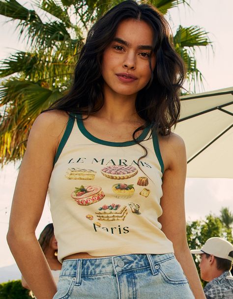 Women's Tops Tank Top Graphic, Le Marais Paris, Flannel Sweatshirt, Womens Camisoles, Graphic Tank Tops, Google Lens, Women's Tank Tops, Open Knit Sweater, Cropped Tube Top