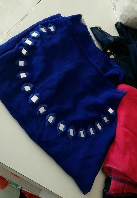 Dohale Jevan Blouse Design, Blue Dori Work Blouse For Diwali, Boat Neck Mirror Work Designs, Mirror Work Blouse Design, Salwar Neck Designs, Churidar Neck Designs, Stylish Kurtis Design, Mirror Work Blouse, Churidar Designs