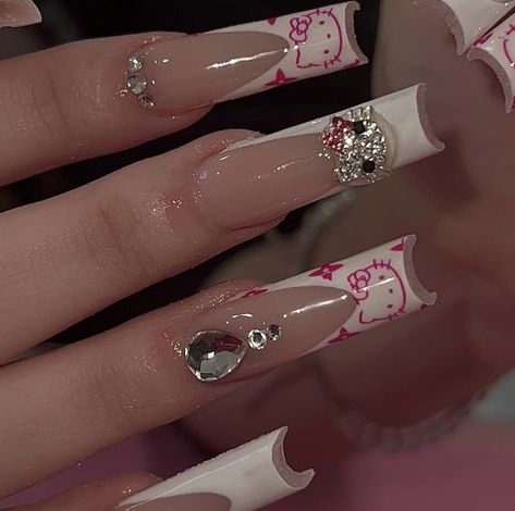 Lv Nails, Hello Kitty Nail, Kitty Nail, Kitty Nails, Hello Kitty Nails, Long Acrylic, Cat Nails, Long Acrylic Nails, Follow For More