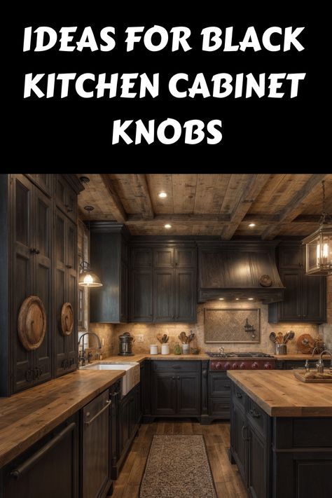 Black kitchen with wooden countertops and rustic decor. Black Traditional Kitchen, Tricorn Black Kitchen Cabinets, Rustic Black Kitchen Cabinets, Black And Wood Cabinets, Black Cupboards Kitchen, Black Stained Kitchen Cabinets, Black Rustic Kitchen, Black And Wood Kitchen Cabinets, Black Cabinet Kitchen