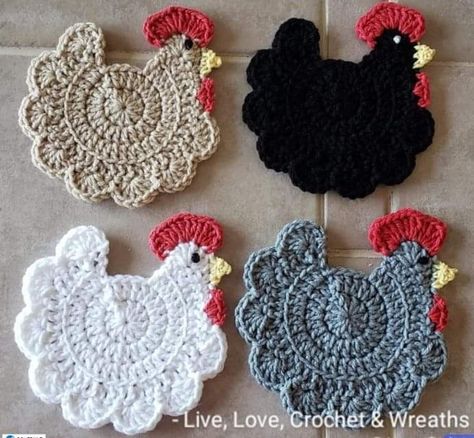 Chicken Coaster, Chicken Coasters, Crafts Upcycling, Coaster Crochet Pattern, Coasters Pattern, Crochet Potholder Patterns, Coaster Crochet, Crochet Hot Pads, Crochet Summer Dresses