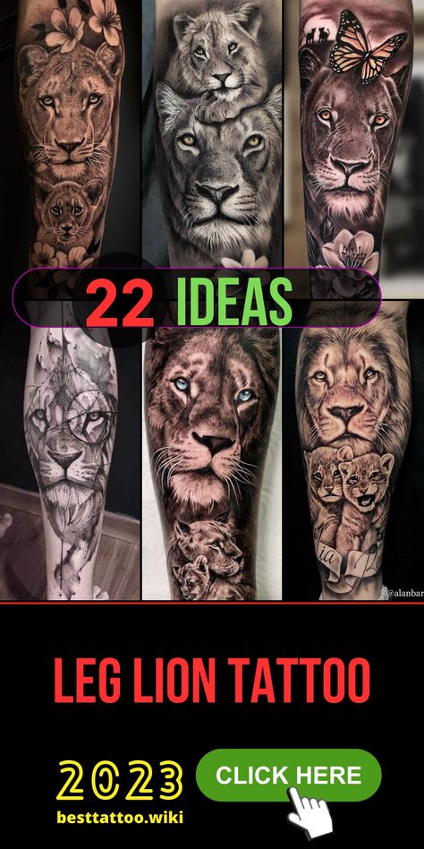 Embark on a journey of symbolism and style with a lion tattoo on the leg, designed exclusively for men. Our carefully curated collection features options that blend artistry and meaning seamlessly. Whether you envision a small, realistic, or geometric lion tattoo, our premium selection captures the essence of power and courage. Say goodbye to ordinary body art and hello to a statement that roars with significance! Lions Tattoo Men, Lion Leg Tattoo Men, Leg Lion Tattoo, Family Sleeve Tattoo For Men, Loin Tattoos Design, Realism Lion Tattoo, Lion Tattoo On Leg, Lion Tattoo Men, Lion Sleeve Tattoo