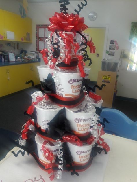 Trunk Party Cake Ideas, Maruchan Party Ideas, Middle School Raffle Basket Ideas, Ramen Noodle Birthday Party Ideas, Ramen Noodles For School Lunch, Candy Lai For Graduation, Ramen Party, Noodle Party, Noodle Cup