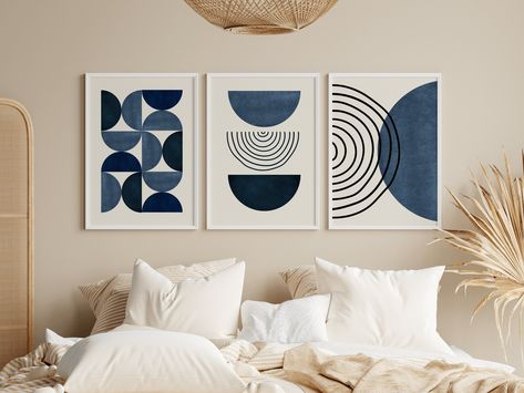 Excited to share the latest addition to my #etsy shop: Scandinavian style set of 3 prints in colour blue/ modern geometric wall art design in dark navy blue/ mid century poster set/ high quality https://etsy.me/3BCzgiA #blue #housewarming #christmas #printingprintmakin Art For Navy Blue Walls, Set Of 5 Wall Art, Navy Blue Canvas Art, Dark Blue Wall Art, Blue Wall Design Ideas, 3 Painting Set, 3 Set Paintings Wall Art, Scandinavian Canvas Art, Wall Prints Blue