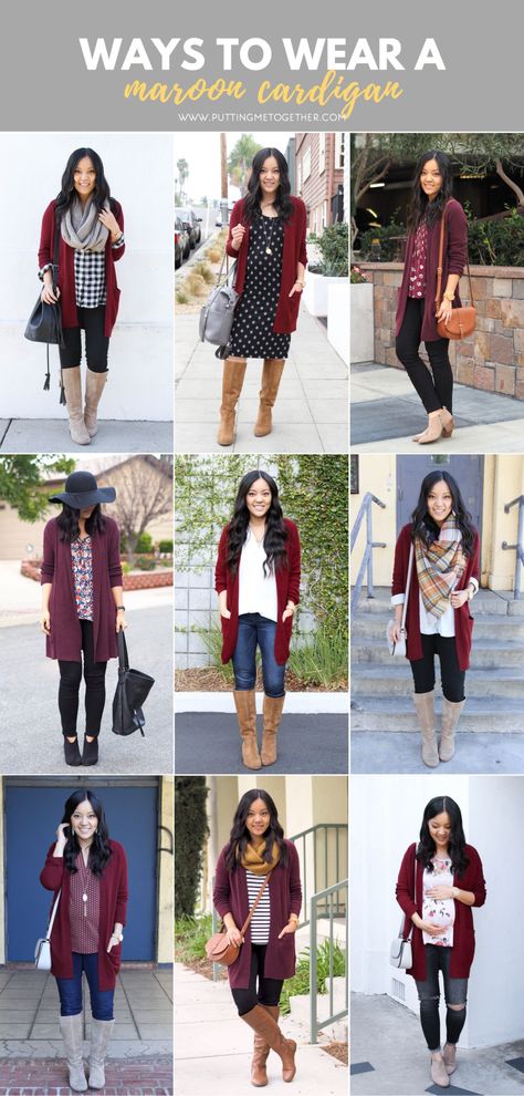 Burgundy Cardigan Outfit Work, Maroon Cardigan Outfit, Maroon Outfit Ideas, Burgundy Cardigan Outfit, Ways To Wear A Cardigan, Cardigan Fall Outfit, Style Help, Maroon Outfit, Maroon Cardigan