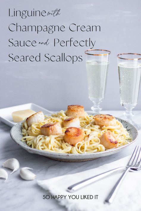 Linguine is tossed in a rich champagne cream sauce and served with perfectly seared, golden brown scallops. Champagne Food, Champagne Pasta Sauce, Champagne Recipes Food, Champagne Cream Sauce, Champagne Sauce, Champagne Sauce Recipe, Garlic Cream Sauce Pasta, Sauce For Scallops, Dijon Cream Sauce