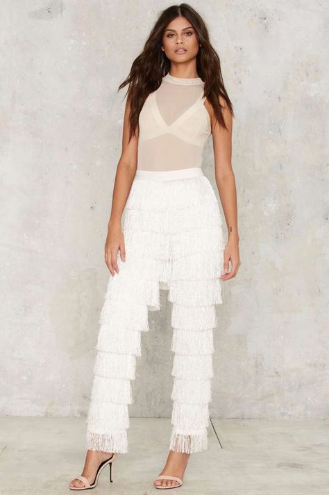 Rhianna Style, Fringe Pants, Lavish Alice, White Fringe, Jumpsuit Dressy, Futuristic Fashion, Pants White, High Waisted Trousers, White Outfits